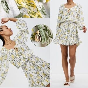 Barefoot Blonde Yellow Green Long Sleeve Mini Dress Ruffle Resort Boho Coastal M